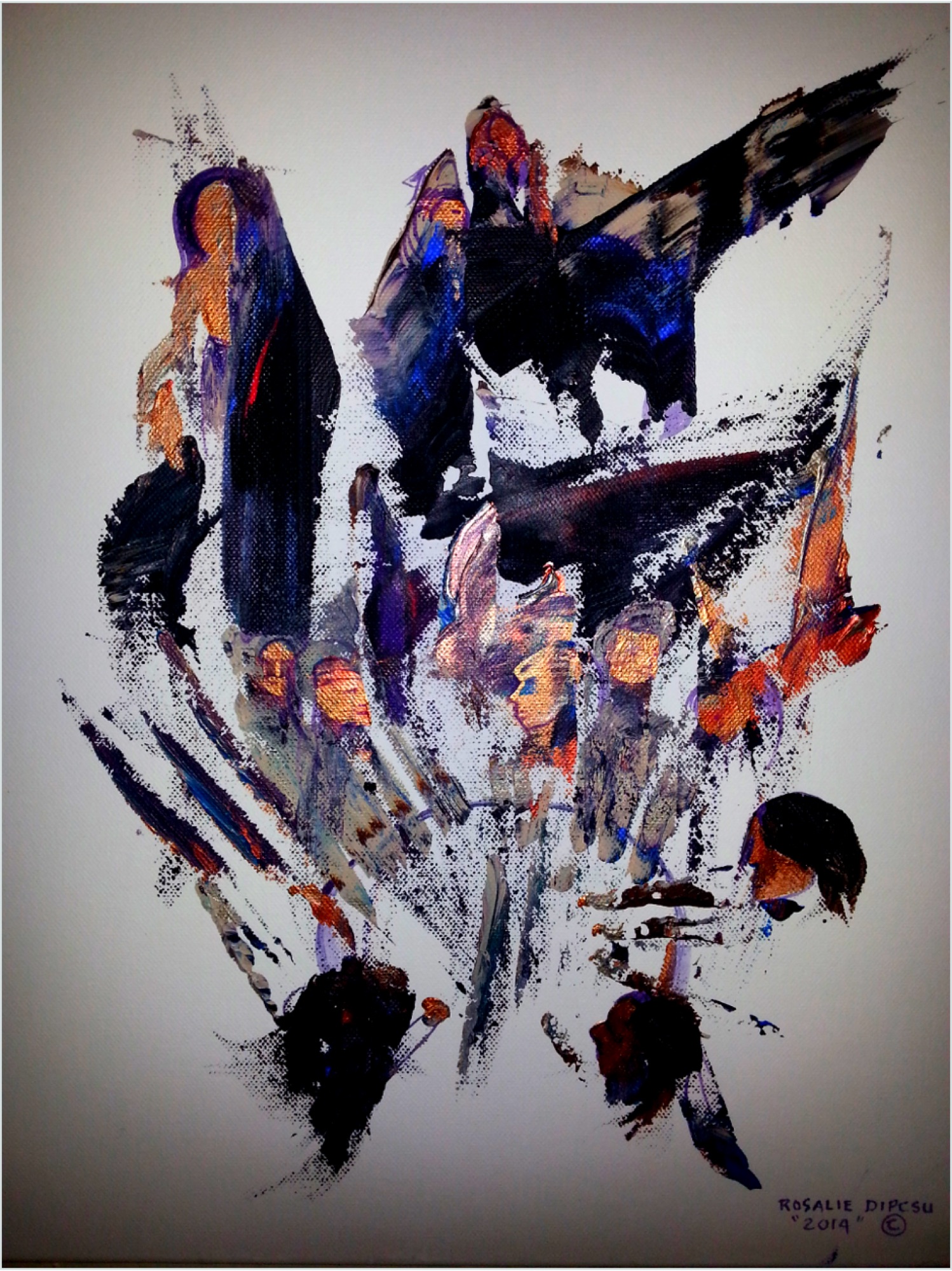 Dark clustered figures around a drum, faces in gold