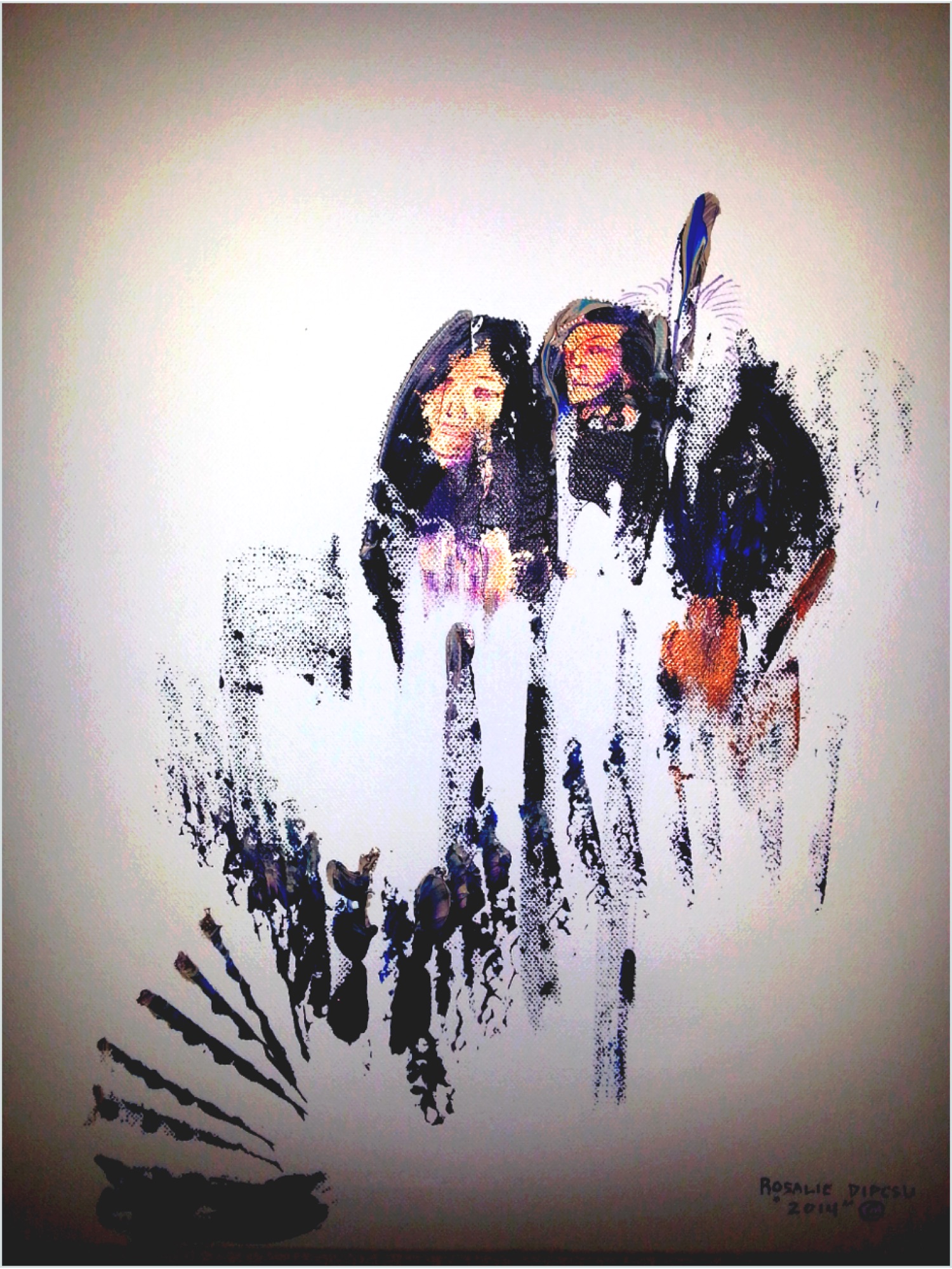 Two close figures watching, copper on white ground