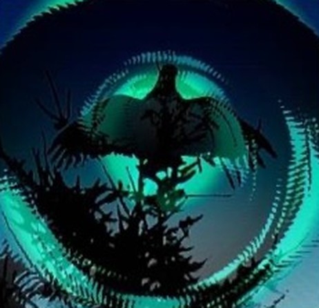 The current Inner Outlook mark: an eagle landing on a spruce against an aurora