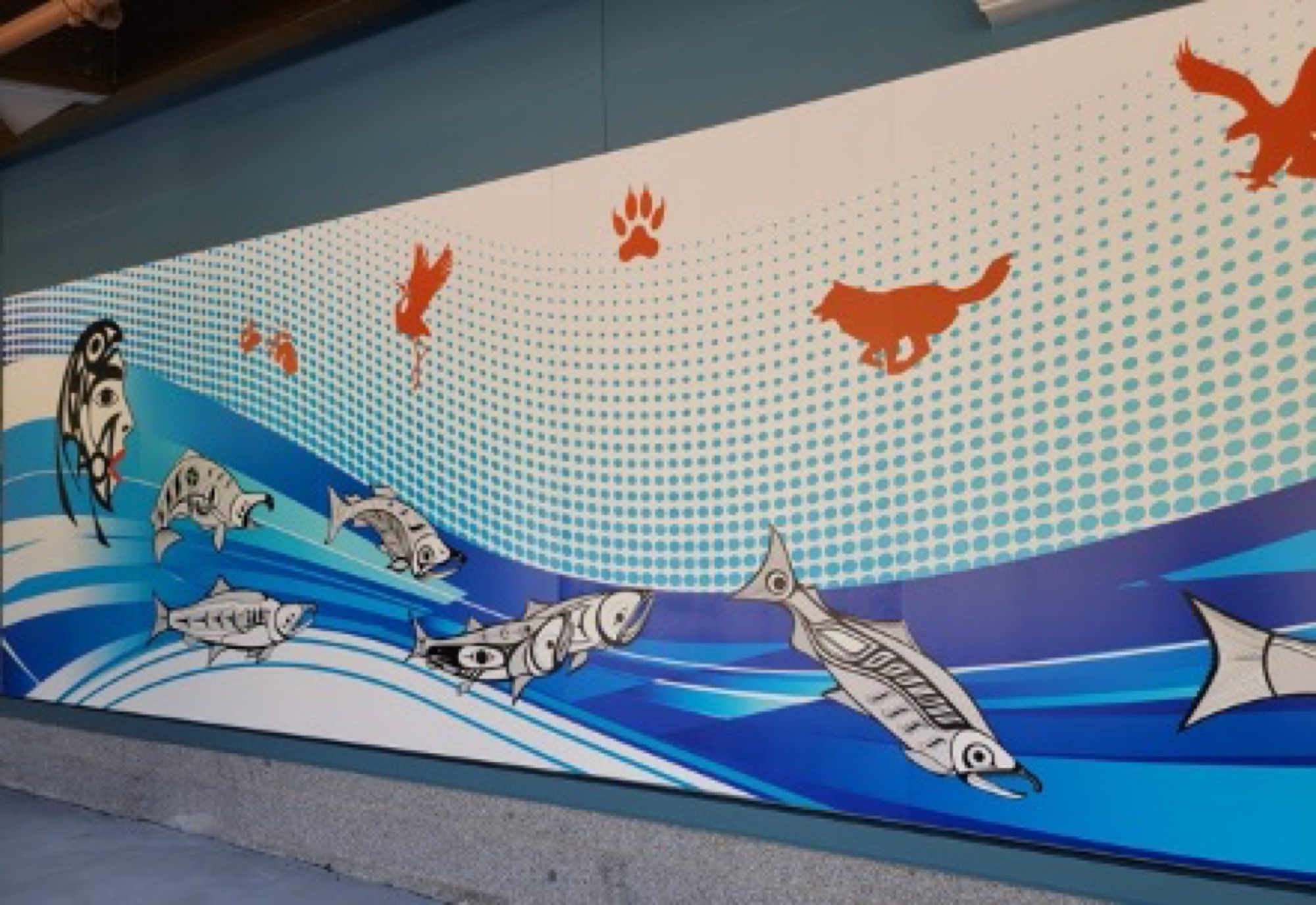 Salmon, fox, eagle and paw print on the aluminum panel