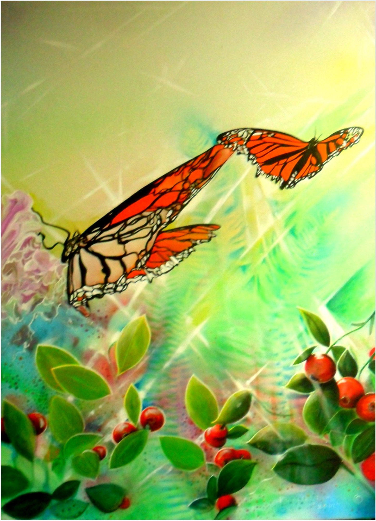 Two monarch butterflies over soapberries and fern
