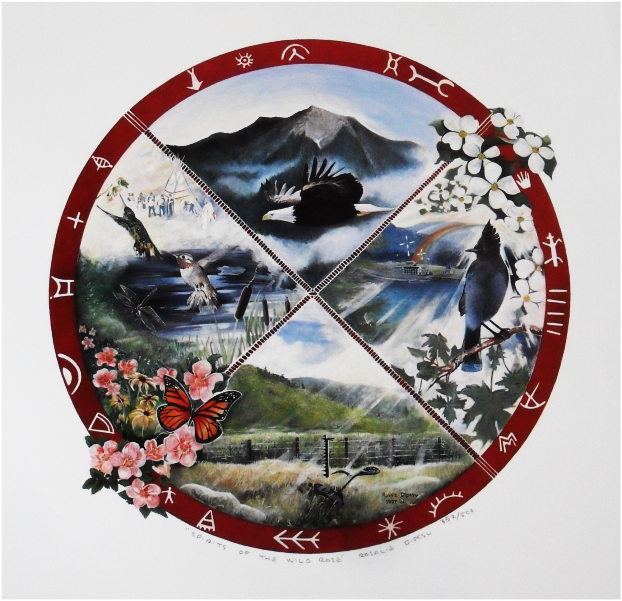 Circular painting of eagle, hummingbird, Steller's jay and wild rose