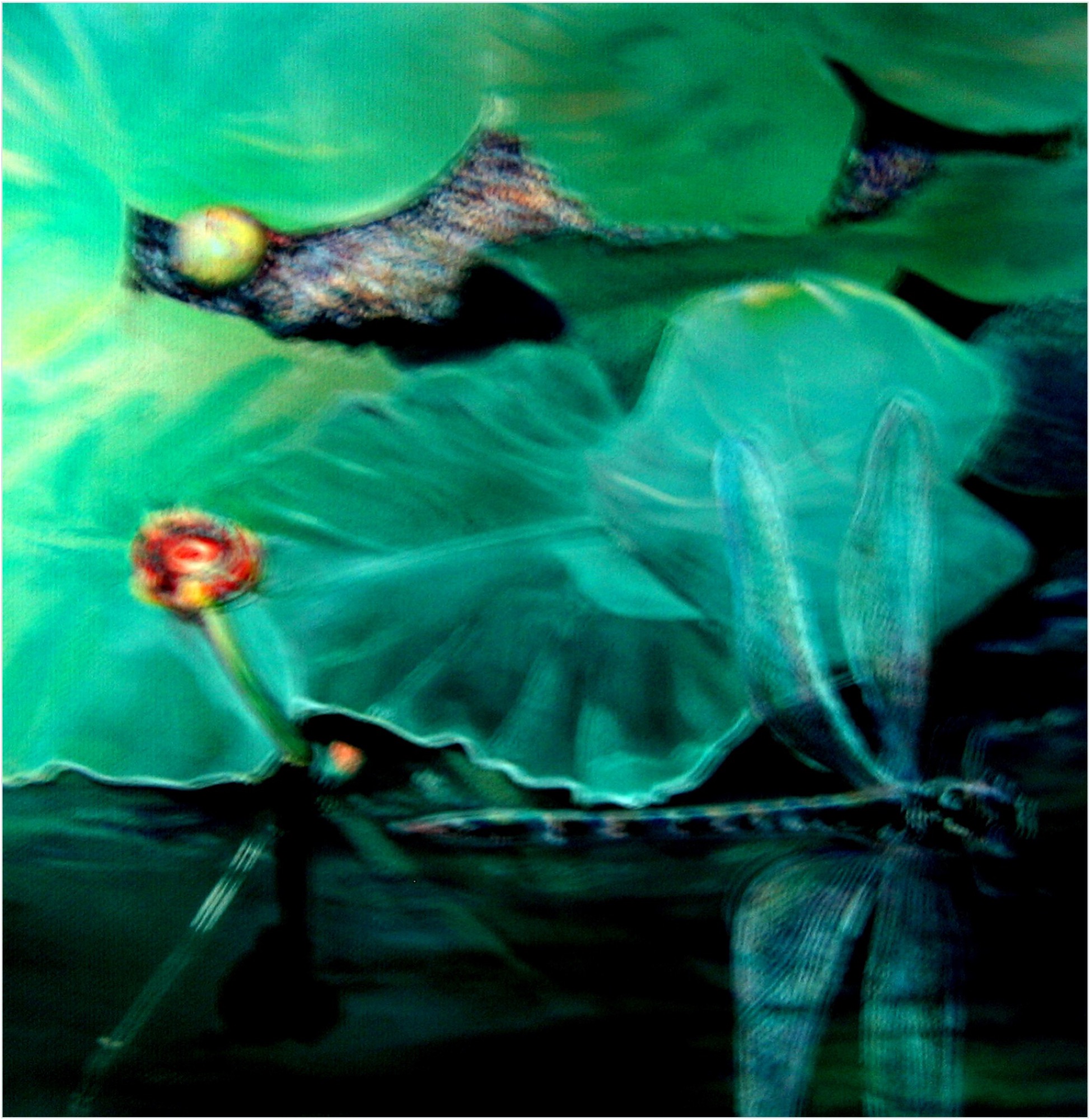 Dragonfly and lily pads in green water