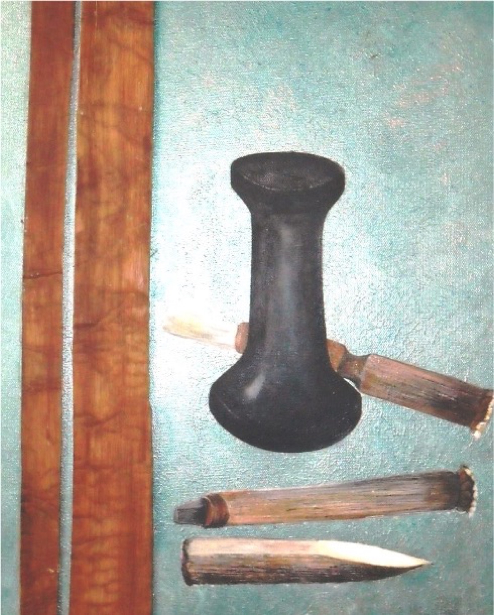 Cedar strips, a stone maul and bone tools on a blue ground